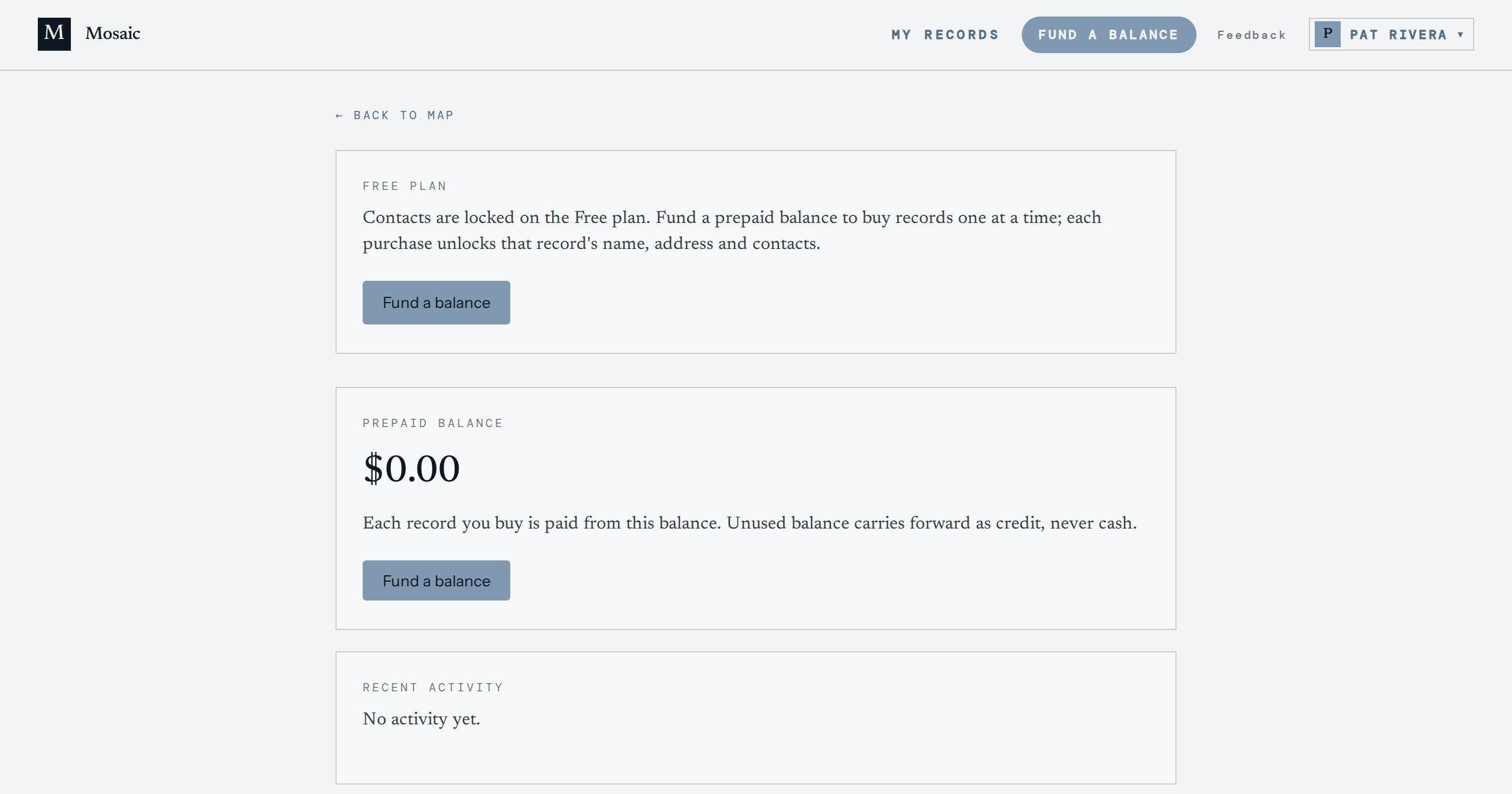 A Free account's page: prepaid balance $0.00 and no activity.